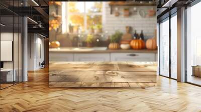 warm and inviting autumn kitchen scene with a wood table and copy space, featuring pumpkin decorations and a cozy atmosphere Wall mural