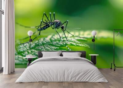 Aedes Mosquito Resting on Leaf with Blurred Green Background Wall mural