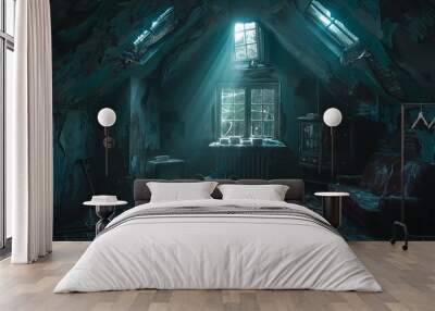  A creepy, old attic filled with cobwebs, old toys, and eerie shadows. Wall mural