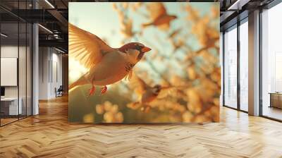  A flock of sparrows in synchronized flight, their wings beating in perfect harmony against the backdrop of a clear blue sky dotted with fluffy white clouds Wall mural