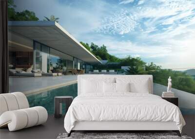 : A high-end modern villa with a rooftop infinity pool, offering panoramic views of the surrounding landscape, captured in exquisite detail. Wall mural