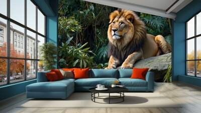  A large male lion sitting on a rock in a lush green jungle. Wall mural