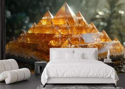  A pyramid of orange crystals rests atop a rugged rock, showcasing vibrant colors and unique geometric shapes. Wall mural