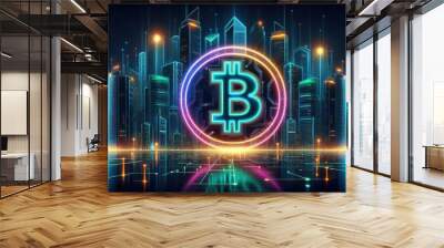  Bitcoin symbol in a futuristic geometric design with vibrant neon lights representing the advancement of digital currency and blockchain technology Wall mural