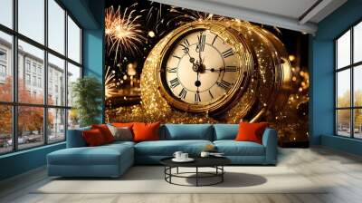  Radiant elegance emanates from a vintage gold clock amid golden bokeh lights
 Wall mural