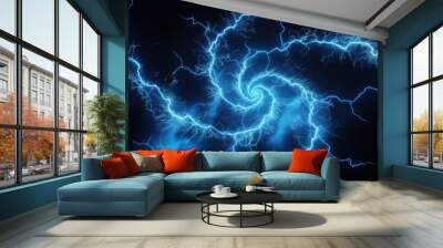 A 3D-rendered image of a network of blue lightning bolts forming a spiral galaxy shape against a pitch-black background.  Wall mural