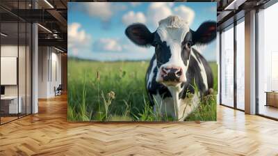 A beautiful cow standing in the fields with blue sky in background Wall mural