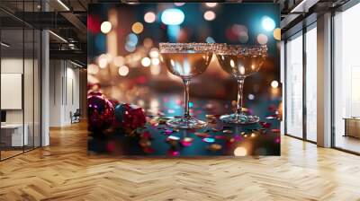 A beautifully decorated table with cocktails, glittering confetti, and elegant party favors. Wall mural