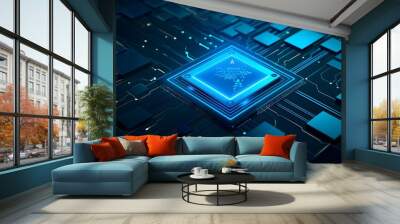 A blue computer chip with a blue square on it. The chip is surrounded by many other blue squares. Wall mural