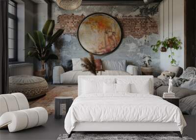 a boho-chic living space with a mix of vintage and modern furniture Wall mural