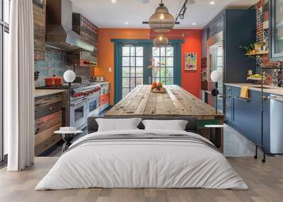 a boho kitchen with a reclaimed wood island and bold colors Wall mural