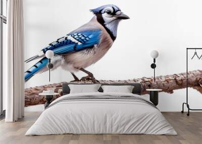 A charming blue jay perched on a branch, its striking blue and white feathers sharply contrasted against the solid white background. Wall mural