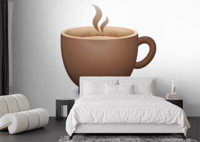 A chocolate brown coffee cup icon with steam rising, detailed and realistic, on a white background. Wall mural