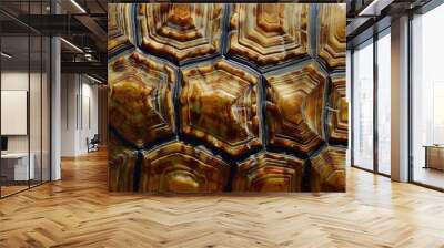 A close-up of tortoise shell texture, showing the unique patterns and colors of the shell plates. The texture is highly detailed, with a focus on the intricate lines and natural hues. Wall mural