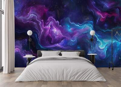 A cosmic collision of wavy abstract forms, with deep purples and electric blues creating a cosmic spectacle Wall mural