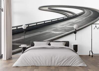 A curved highway with sweeping bends, isolated on a white background, showcasing detailed road surface and lane markings. Wall mural