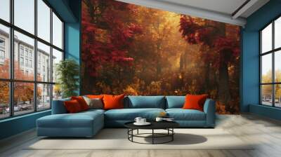 A dense forest in autumn, the foliage in shades of red and gold, viewed through a gradient multilayer glass, 3D rendering. 32k, full ultra HD, high resolution Wall mural