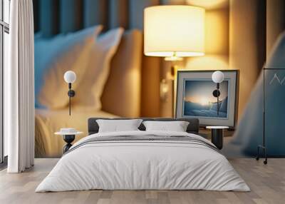 A digital photo frame displaying an image on a bedside table, with a blurred bedroom Wall mural