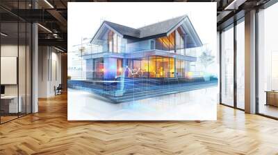 A digital rendering of a minimalist house with a transparent overlay of stock market trends, highlighting the connection between real estate and financial markets. isolated on white background.  Wall mural