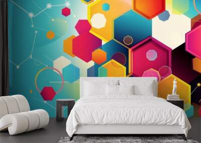 A dynamic geometric summer background featuring colorful hexagons and circles in a bold and vibrant color palette, creating a festive and fun design for summer promotion banners. Wall mural