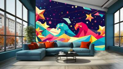 A fun and energetic geometric summer background featuring an array of colorful polygons, stars, and waves, all arranged in a dynamic and lively composition for summer banners. Wall mural