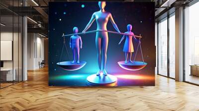 A futuristic abstract image of a woman balancing two children on a scale. representing equality. fairness. and justice. Wall mural