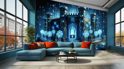 A futuristic digital fortress representing network security. The fortress is made of glowing, neon circuitry and digital elements, with towering walls Wall mural