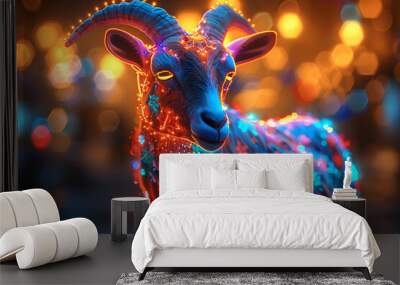 A goat adorned with vibrant, colorful lights illuminating its horns, creating a festive and whimsical appearance.
 Wall mural