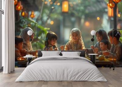 A group of children and adults gathered around a table adorned with candles, sharing a warm and inviting atmosphere. Wall mural