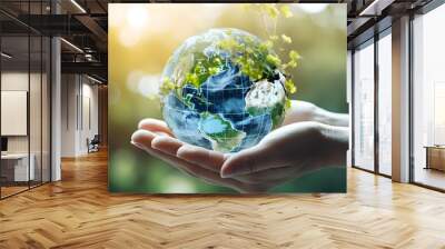 A hand holding a small globe with a paper behind it in the style of skyblue and green, Environmental Awareness: Hand with Globe on Sky Blue and Green Canvas Wall mural