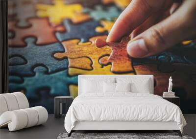 A hand placing a puzzle piece onto a colorful puzzle, symbolizing problem-solving and creativity. Wall mural