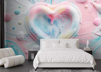 A heart-shaped symbol crafted from colored wax, melted into a fluid marble pattern with pastel pinks, blues, and whites on a white background. Wall mural