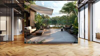 A high-end terrace lounge with a retractable canopy, elegant outdoor furniture, and a scenic view of a tranquil lake surrounded by lush greenery. Wall mural