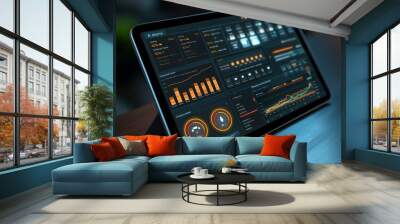 A home automation dashboard on a tablet, showing energy consumption statistics and controls for various IoT devices like lighting, heating, and security. Wall mural