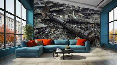 A javelin, its wooden shaft splintered and broken, cast aside amidst the wreckage of war. Wall mural