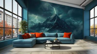 A lightning bolt striking the summit of a solitary, craggy mountain peak that reaches into a whirling, stormy sky, signifying a formidable, divine challenge.  Wall mural