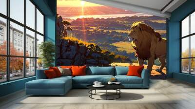 A lion stands on a rocky cliff overlooking a savanna at sunset Wall mural