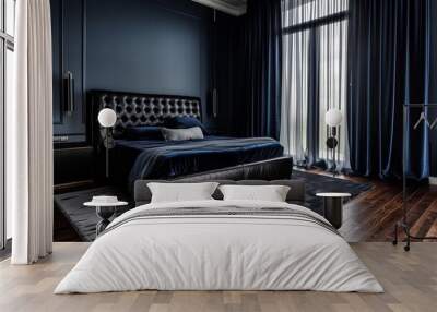 A luxurious bedroom with deep navy blue walls, a black leather headboard, and dark velvet curtains framing a floor-to-ceiling window. A dark wooden floor and a soft, dark gray rug complete the look. Wall mural