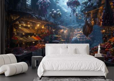 A magical marketplace with floating stalls and enchanted goods Wall mural