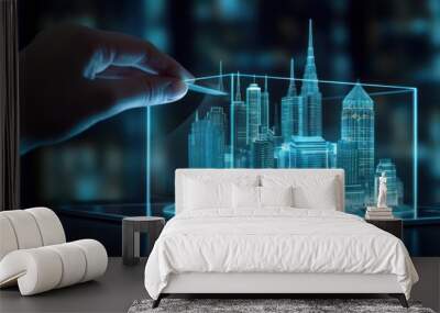 a man using a digital tablet, and a hologram of a modern building. Wall mural