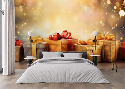 A merry holiday card featuring a golden bokeh background, adorned with a collection of vibrant and beautifully wrapped gift boxes. Wall mural