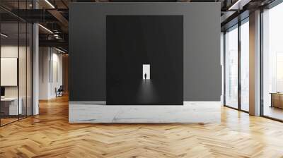 A minimalist design featuring a single large square canvas painted in a deep matte black, with a small, bright white geometric figure at the center Wall mural