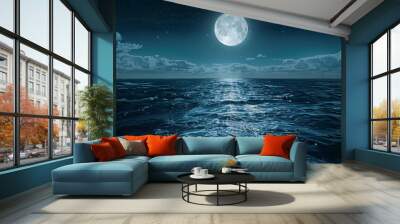 a mystical seascape with a full moon casting a silvery path across the dark ocean Wall mural