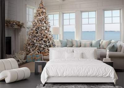 A nautical-themed living room with seaside Christmas decor, featuring seashell garlands, sailor knots, and a coastal holiday tree. Wall mural