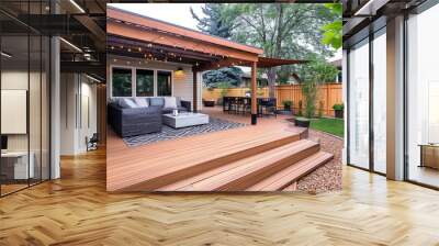 A neatly staged outdoor deck renovation with fresh staining and modern outdoor furniture under a newly installed pergola. Wall mural