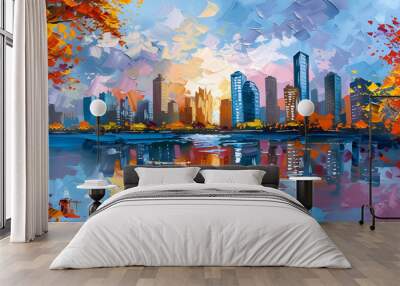 A Photo capturing the vibrant colors and reflections of a cityscape mirrored in a nearby body of wat, cityscape reflection, vibrant colors, water reflections, city reflection, urban landscape
 Wall mural