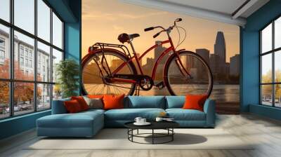 A photo of a bicycle with a city skyline Wall mural