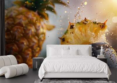 A pineapple, limes, and a can of soda splashing out in a burst of vibrant colors and refreshing liquid can mockup. Wall mural