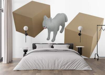 A Preposition of Place of A 3D Cartoon Cat Is between The Boxes. A preposition of place is a preposition which is used to refer to a place where something or someone is located.   Wall mural