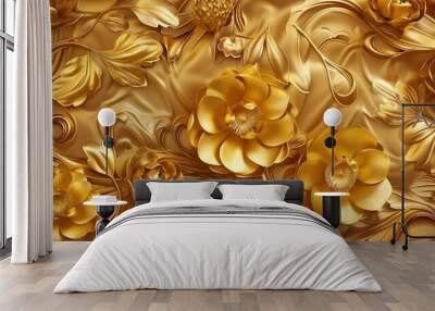 A rich abstract gold floral texture showcasing elaborate blooms and curling leaves, creating a sophisticated and decorative background. Wall mural